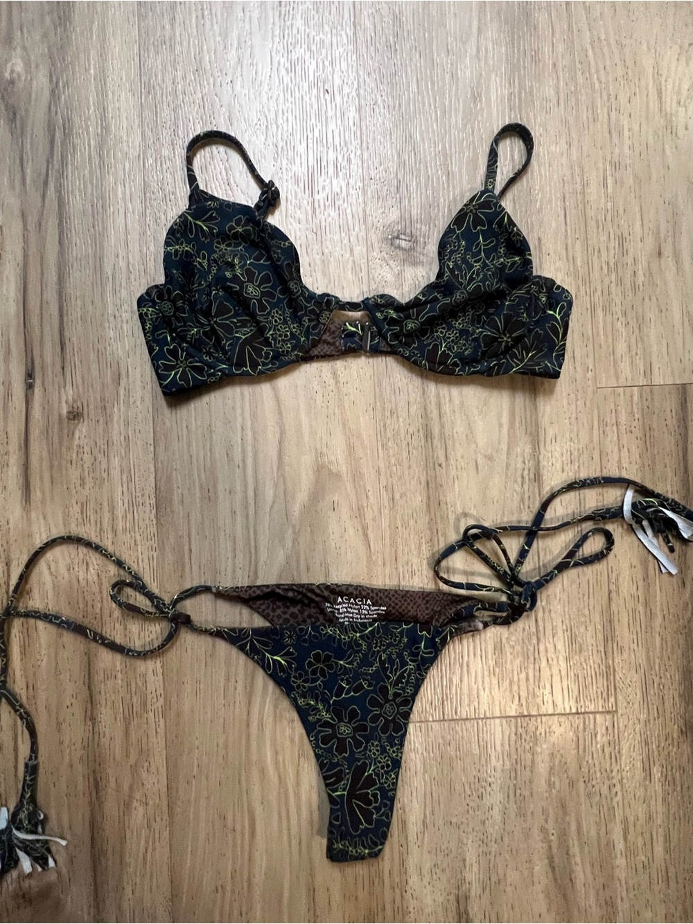 acacia swimwear Black with Green Floral String Bikini